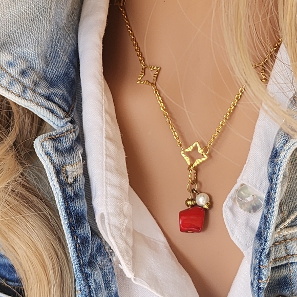 FP Jewelry Unique Chain 14k Gold Necklace Natural Coral Nugget Real Pearl